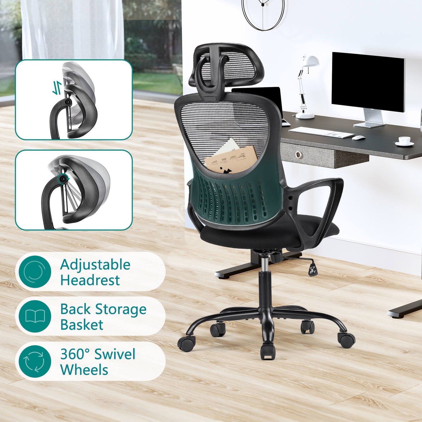 Sweetcrispy Office Chair High Back with Adjustable Headrest for Office